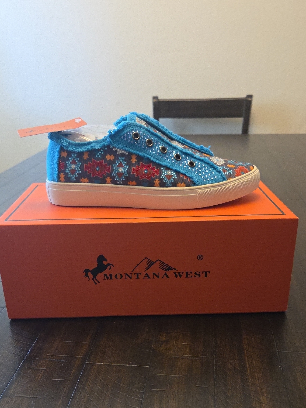 Montana West Turquoise Patterned Slip-On Sneaker with Stud Accents